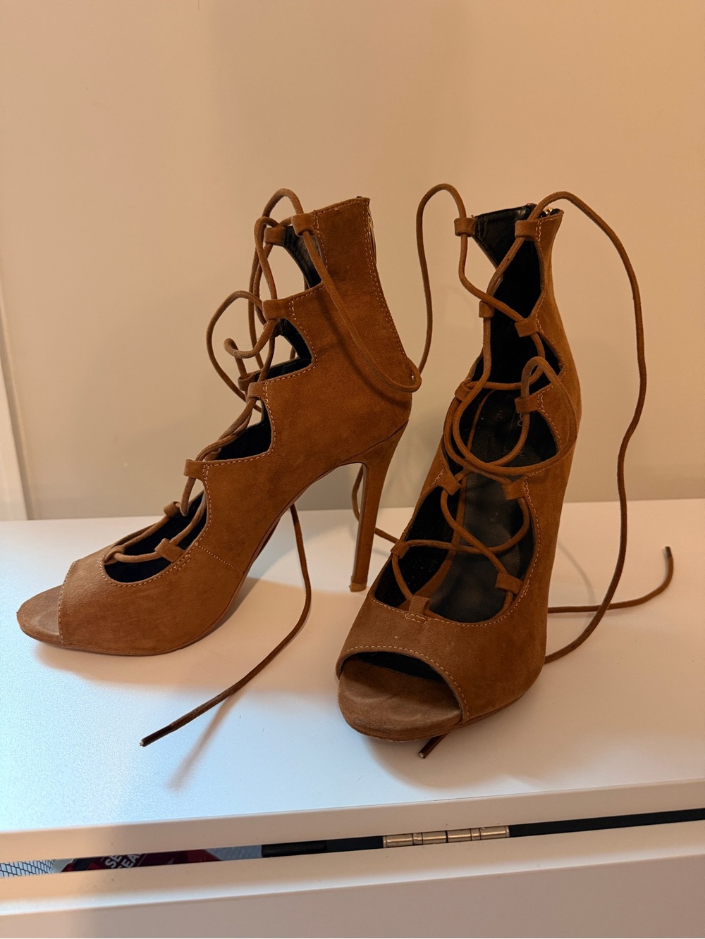 Aldo Tan Suede Lace-Up Open Toe Stiletto Sandals